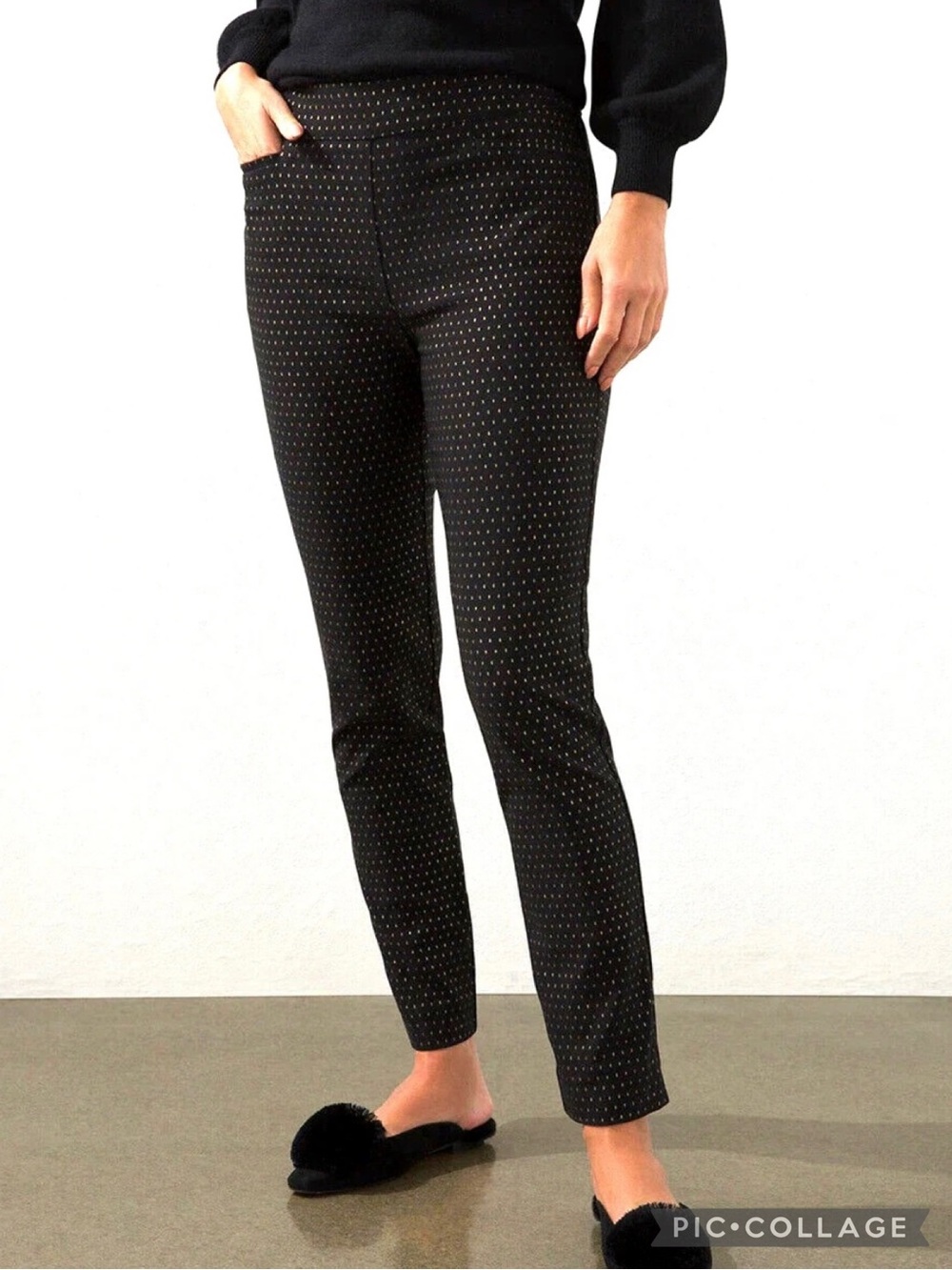 Chico’s So Slimming 360 Brigette Black Gold Polka Dot Slim Ankle Stretch Pants 8